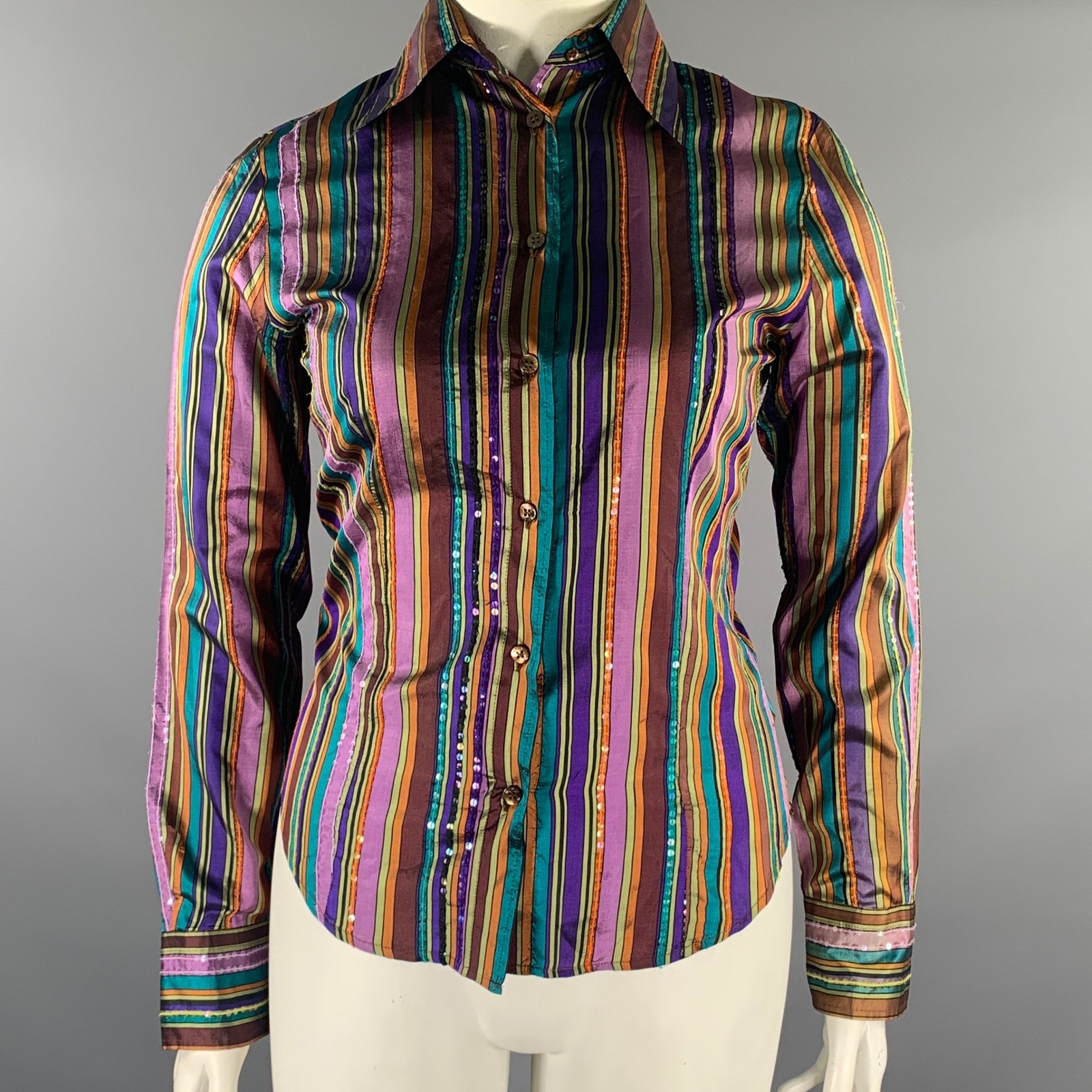 Etro Size 8 Purple Rust Silk Stripe Pointed Collar Shirt